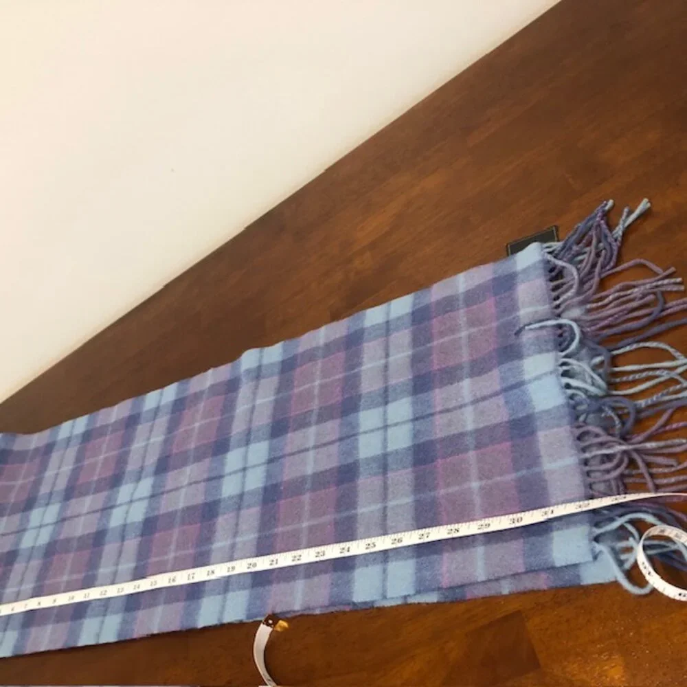 James Pringle Weavers Scotland Hand Crafted Purple Blue Plaid Wool Scarf NWT.